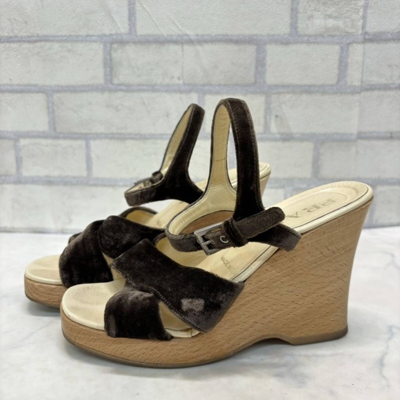 Prada Wood Block Wedge Sandals with Black Suede Straps Size 5.5/36 - Picture 1 of 14